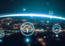 space view of earth with upload icons